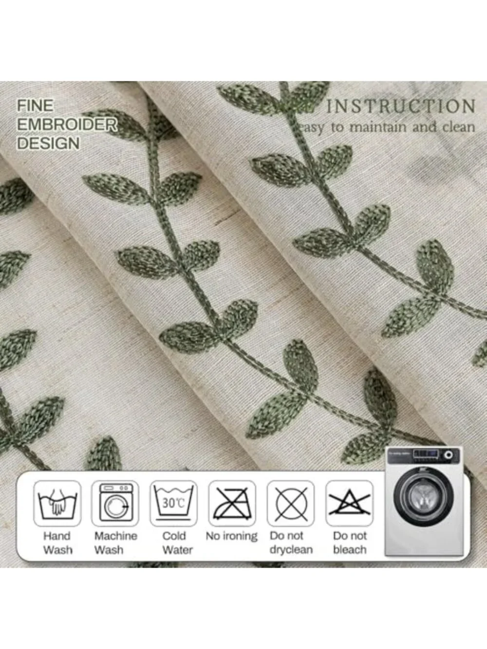 Linen Leaf String Floral Embroidered Semi-Sheer Curtains, Sage Green, 52x63